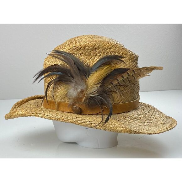 Hats by Shorer Straw Cowboy Western Hat Made in Italy Tan 7 1/8 Feather ER2316 - Picture 4 of 10